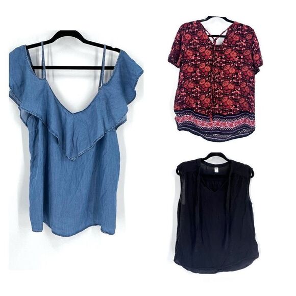 Old Navy Blouse floral group career vacation Size Large Chambray Mixed Print - Picture 1 of 15